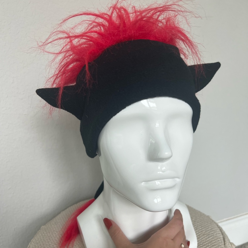 Halloween Black Devil Horns Beanie Hat with Red Faux Hair